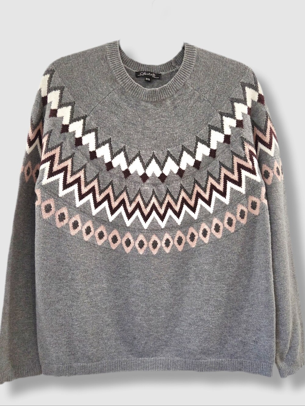 Charlie B Fair Isle Print Sweater Gray Burgundy Pink Size S-M